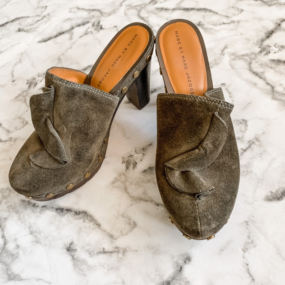 Marc Jacobs Suede Stud Wood Block Platform Mules